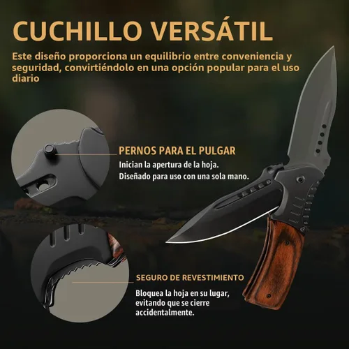 Vista 3 de Cuchillo de bolsillo para hombres con mango de madera, rompedor de vidrio y clip de bolsillo, hoja afilada de 3.66 pulgadas, cuchillos plegables 1.