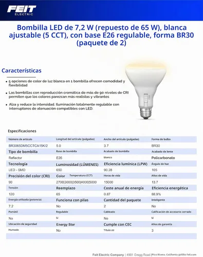 Vista 3 de Feit Electric Bombilla LED BR30 5CCT regulable - equivalente a 65 W