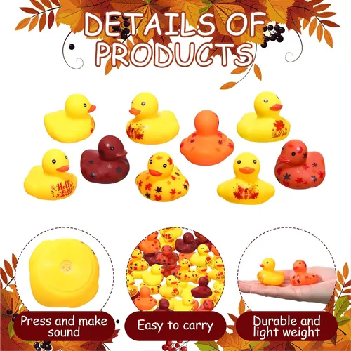 Vista 3 de Hiboom 48 patos de goma de Acción de Gracias de 1.57 pulgadas, pato de goma de otoño con hoja de calabaza impresa, juguetes de bañera con temática