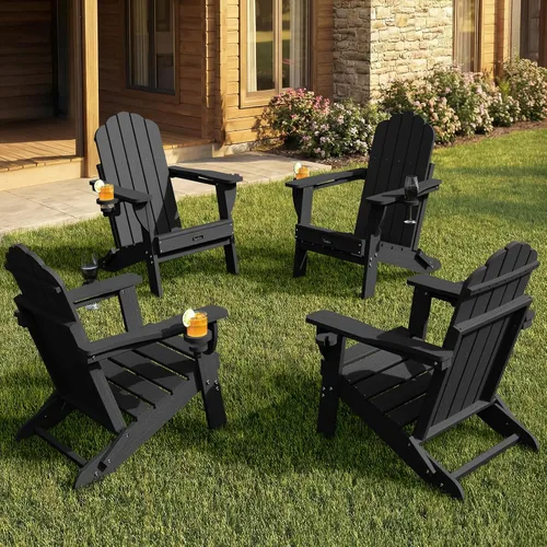 Vista 55 de Silla Adirondack plegable, silla Adirondack de HDPE con 2 soportes para tazas, sillas para fogatas al aire libre de fácil montaje para patio