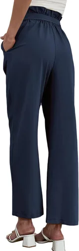 Vista 2 de Pantalones casuales de pierna ancha para mujer, con lazo elástico, cintura alta, botones, para el trabajo, negocios, pantalones largos