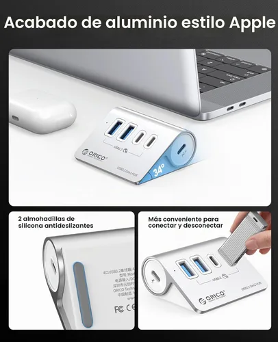 Vista 6 de ORICO - Hub USB 3.2 de escritorio de 4 puertos, divisor USB de aluminio de 10 Gbps para portátil with 2 Type-A/C 3.2 Data Ports, 5V 2A Power