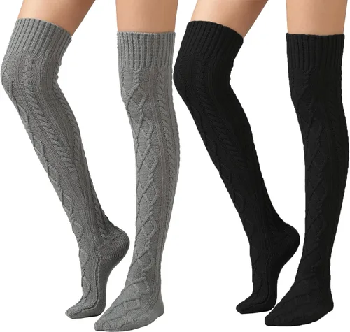 Vista 34 de SherryDC Calcetines de punto trenzado hasta el muslo para mujer, medias de bota extra largas de invierno, calentadores de piernas 1 - Blanco