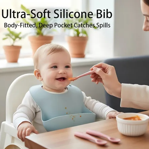 Vista 3 de Baberos de silicona para bebés, 2 unidades, con cucharas de silicona para bebés, impermeables, suaves