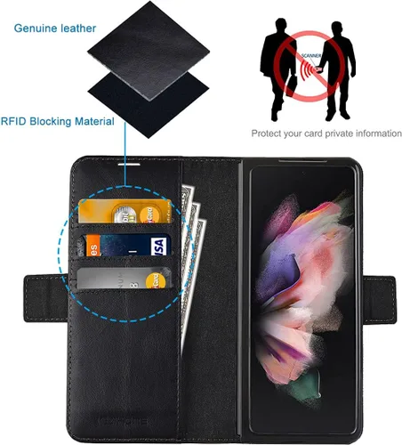 Vista 3 de KEZiHOME Funda de piel auténtica para Galaxy Z Fold 3 (bloqueo RFID) con ranura para tarjetas, funda para teléfono compatible con Galaxy Z Fold 3