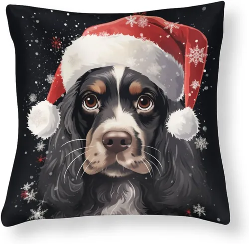 Vista 15 de Divertidas fundas de almohada de satén de Navidad con diseño de perro y cocker spaniel con gorro de Papá Noel, copos de nieve, decoración