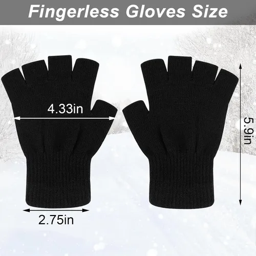 Vista 3 de Sumfox 4 pares de guantes negros sin dedos para mujeres y hombres, guantes unisex de medio dedo, guantes de punto, guantes elásticos de invierno