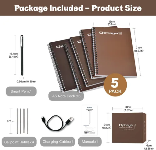 Vista 6 de Ophaya Sync Smart Pen y cuaderno A5 (paquete de 5) para tomar notas, regalos para adultos, mujeres, hombres, compañeros de trabajo, profesores