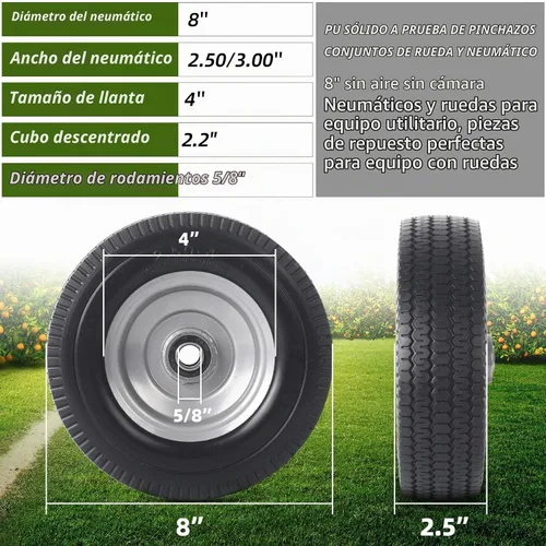 Vista 2 de AR-PRO Paquete de 2 unidades de repuesto de rueda sólida de 8 pulgadas, neumático y rueda sin planos de 2.50-4 pulgadas con rodamientos 5/8