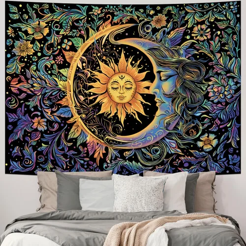 Vista 2 de Tapiz de sol y luna, psicodélico, místico, floral, hippie, bohemio, flores, tapices de pared, tapices estéticos vintage para colgar en la pared