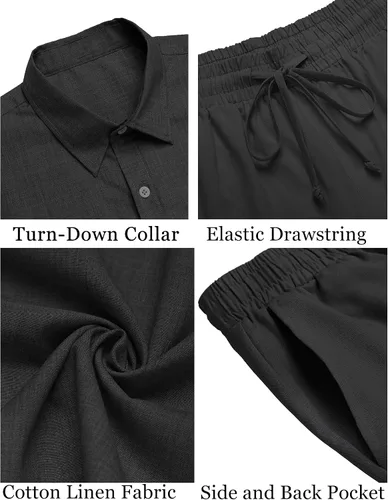 Vista 15 de COOFANDY Conjunto de 2 piezas de algodón y lino para hombre, camisas de manga corta con botones, pantalones cortos de playa de verano, trajes