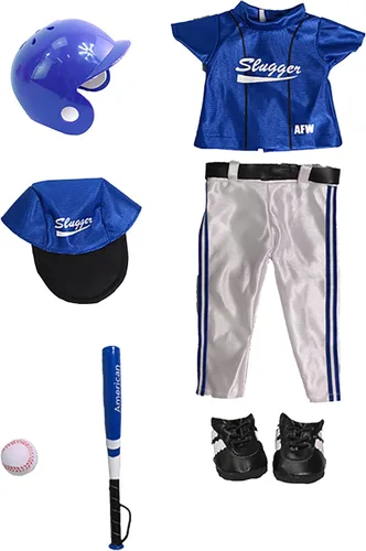 Vista 2 de American Fashion World Uniforme de béisbol azul 7 piezas para muñecas de 18 pulgadas Calidad premium y diseño moderno Ropa de muñeca
