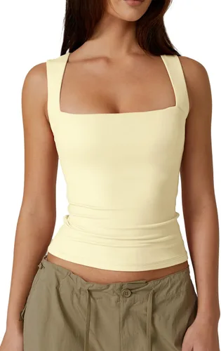 Vista 13 de QINSEN Camisetas básicas ajustadas de doble capa con cuello cuadrado para mujer Castaño