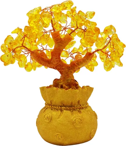 Vista 2 de Árbol de dinero Feng Shui de cuarzo citrino de 7 pulgadas, árbol de dinero de oro natural, oficina, habitación, buena suerte, decoración de fortuna