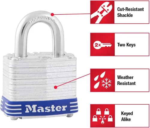 Vista 2 de Master Lock 3008D - Candado para exteriores con llave, paquete de 4 unidades, color plateado de 1-12 pulgadas