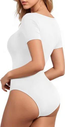 Vista 3 de MANGOPOP - Body de manga corta con cuello cuadrado para mujer