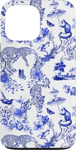 Vista 24 de French Blue Toile Chinoiserie with Flowers, Monkey, Leopards Case for iPhone 17