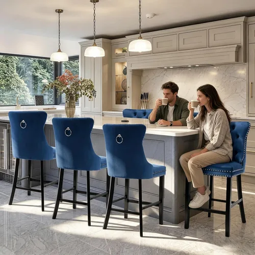 Vista 145 de SoarFlash Juego de 2 taburetes de bar tapizados de terciopelo moderno con patas de madera, botones acolchados, cabeza de clavo cromada, asiento