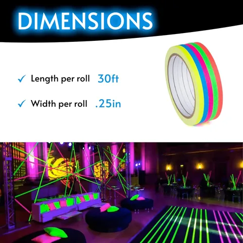 Vista 4 de Glow King Cinta Reactiva a Luz Negra que Brilla Regalos de fiesta de neón fluorescente UV premium para eventos Cinta de colores luminosos