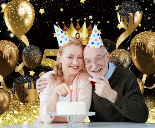 Vista 5 de Telón de fondo para fotografía de cumpleaños número 50 para mujeres y hombres, globo con purpurina negra y dorada, telón de fondo para fotos