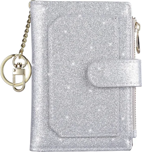 Vista 10 de Carteras para mujer RFID pequeñas y compactas de cuero con doble pliegue, con bolsillo con cremallera, medio, Compacto Purpurina púrpura claro