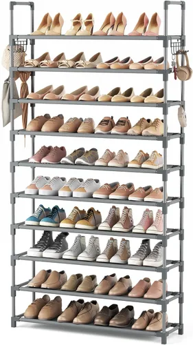 Vista 14 de VTRIN - Estantería alta de 10 niveles para zapatos, con capacidad para 20-25 pares de zapatos, organizador vertical resistente con 18 ganchos
