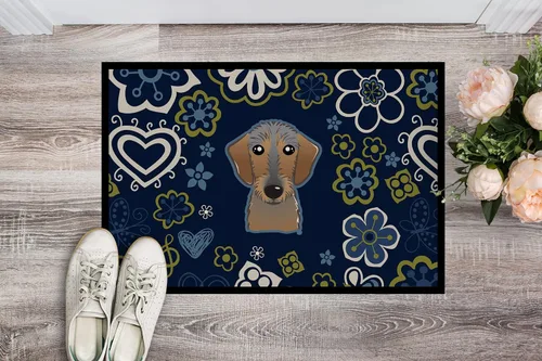 Vista 2 de Caroline's Treasures BB5084MAT - Felpudo de pelo salchicha con diseño de flores azules de 18 x 27 pulgadas, tapete para puerta delantera
