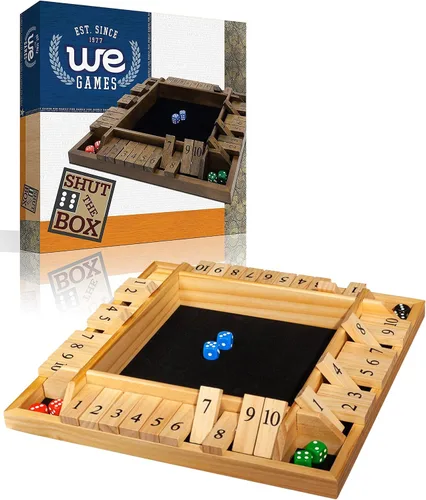 Vista 10 de WE Games Juego de mesa Shut The Box de madera para 4 jugadores - 10 fichas con números y 8 dados - Madera teñida negra de gran tamaño, acabado de 14