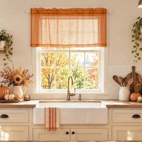 Vista 14 de KOUFALL Vallas de Cocina para Ventanas, Vallas de Lino Translúcidas de Estilo Granja para la Sala de Estar, Beige