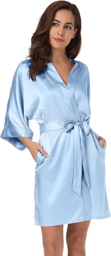 Vista 3 de SIORO - Albornoz de satén para mujer, sedoso kimono, para novia, damas de honor, boda, fiesta, salón, corto, XS-XXL