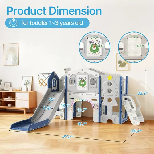Vista 6 de BIERUM Juego de tobogán 10 en 1 para niños pequeños - Tobogán para bebés de 1 a 3 años con luces coloridas, pizarra para dibujar y tablero