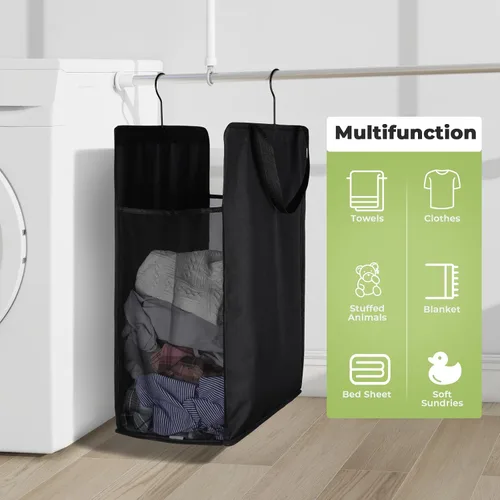 Vista 5 de Fentec Cesta colgante para la ropa sucia, cesta de lavandería colgante, bolsa delgada para ropa sucia con asas, cesta colgante portátil para Negro