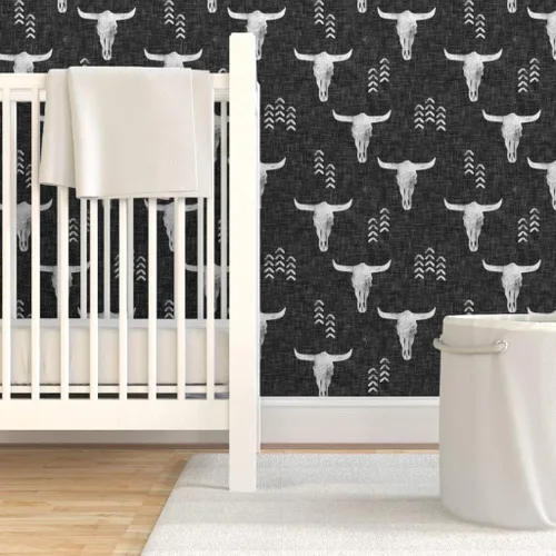 Vista 6 de Muestro de papel tapiz extraíble, diseño de calaveras del desierto, bohemio, inspirado en el suroeste, color gris y vaca, papel pintado prepegado