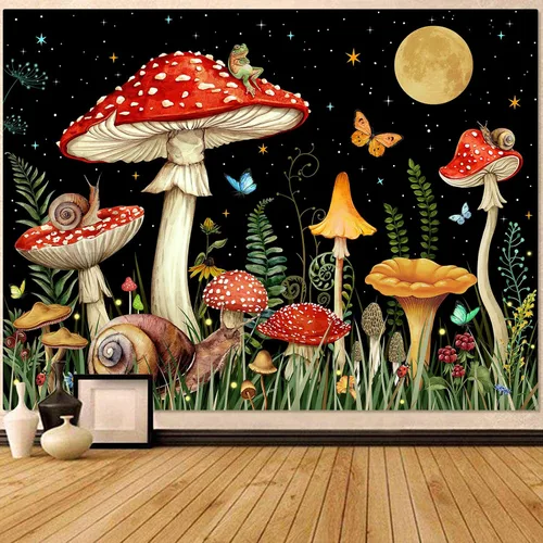 Vista 20 de Zussun Tapiz de hongo rojo, tapices de luna y estrella para dormitorio, estética de color beige, noche estrellada, planta verde, tapiz de pared