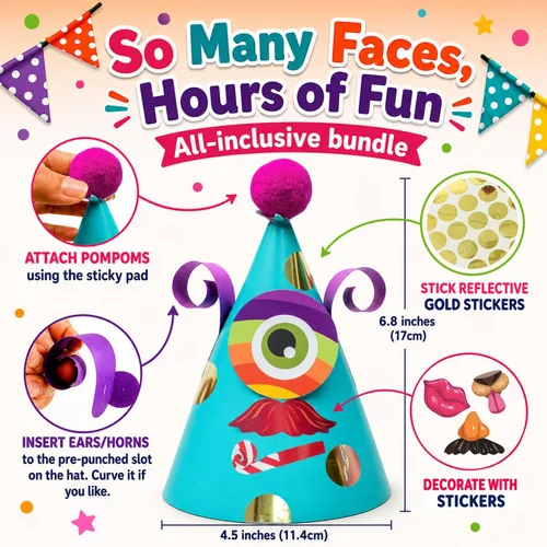 Vista 2 de Sombreros de fiesta de Glittery Garden para niños, arte y manualidades. Divertido kit de actividades de cumpleaños con pegatinas. Adorno de fiesta