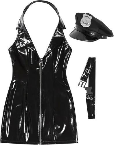 Vista 6 de Disfraz de policía para mujer, disfraz de policía de Halloween, traje de uniforme de policía de Halloween, cuello halter, espalda descubierta