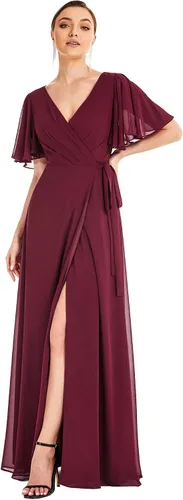 Vista 4 de Ever-Pretty Vestidos de noche de gasa para mujer, con cuello en V, mangas con volantes, abertura lateral, longitud al suelo, 0300A
