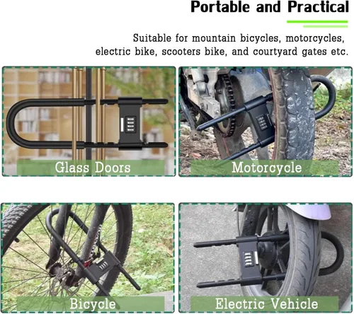 Vista 8 de V·RESOURCING® - Candado de combinación de 4 dígitos, antirrobo en forma de U, resistente, con grillete ajustable, para bicicletas, bicicletas