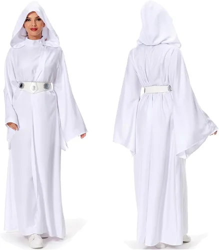 Vista 5 de Disfraz de princesa para mujer, vestido blanco con capucha, bata larga, traje clásico de lujo