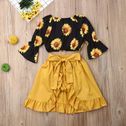 Vista 6 de HIUARA Ropa para niñas pequeñas, moda de manga media, tirantes, parte superior, pantalones cortos de vaquero, falda corta, traje de verano, conjuntos