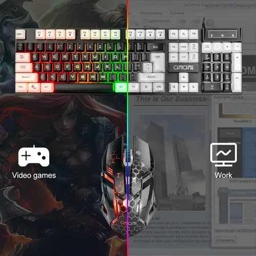 Vista 7 de CHONCHOW Combo de teclado y mouse iluminados, teclado LED RGB para juegos de tamaño completo y mouse para juegos con cable arcoíris para PS4, PS5