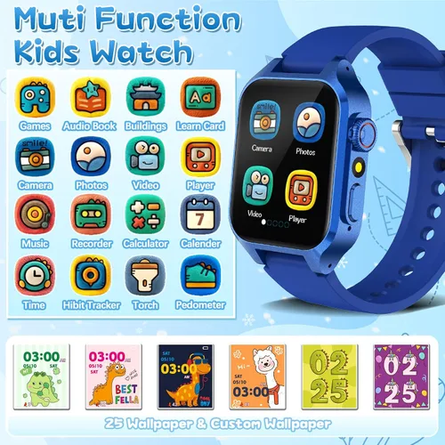 Vista 2 de Reloj inteligente de juego para niños con 32 juegos, cámara telescópica, podómetro, alarma, video, música, audiolibro, tarjeta de aprendizaje