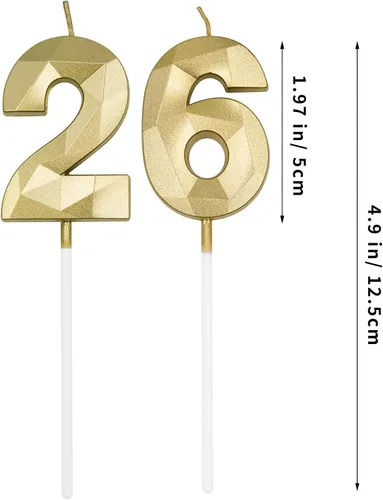 Vista 2 de Velas de cumpleaños número 26 y 62 para pastel, velas doradas con forma de diamante 3D con forma de diamante, decoraciones de cumpleaños