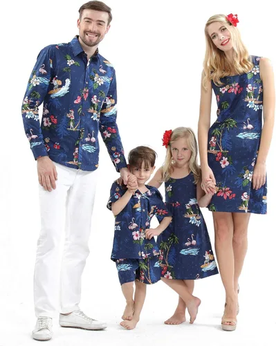 Vista 2 de Camisa de crucero hawaiano a juego para parejas, vestido de sirena, Papá Noel en color rojo hawaiano