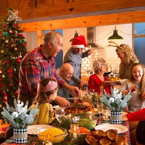 Vista 4 de 2 piezas de centro de mesa de Navidad a cuadros de búfalo árbol de mesa de Navidad, mini decoración artificial de mesa, centro de mesa pequeño