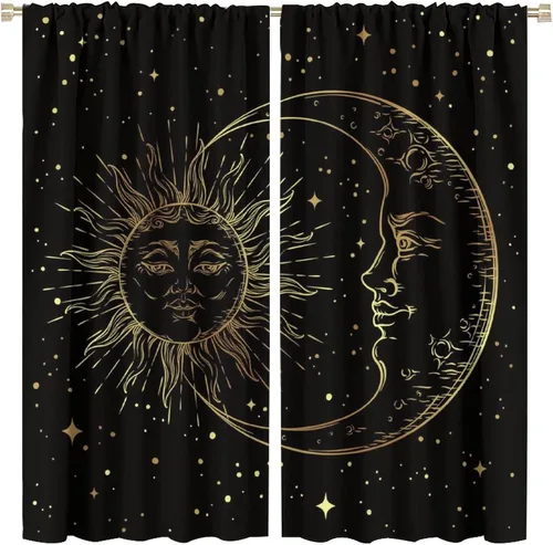 Vista 88 de Cortinas opacas con diseño de sol y luna, cuerpos celestes bohemios, con diseño de sol, luna y estrellas, para sala de estar, dormitorio, 42 x 45