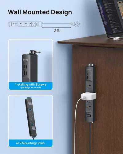 Vista 5 de Trond - Regleta protectora contra sobretensiones de montaje en pared con enchufe giratorio 360, 3 pies 4 AC, 3 USB-C & 1 USB-A, 1440J, 13A/1625W