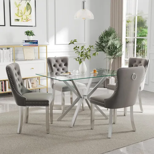 Vista 32 de Juego de comedor moderno de cristal de lujo de 5 piezas, juego de comedor rectangular minimalista para 4, juego de mesa de cocina de vidrio