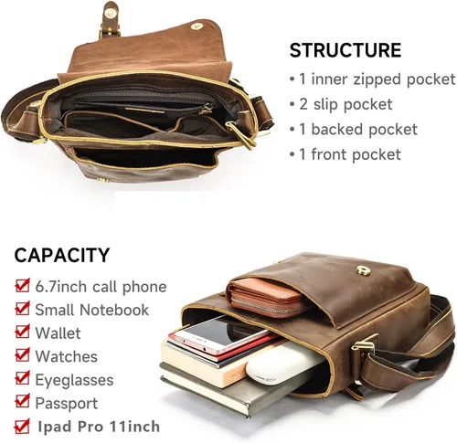 Vista 5 de NIUCUNZH Genuine Leather Men Messenger Bag Shoulder Crossbody Purse Work Coffee