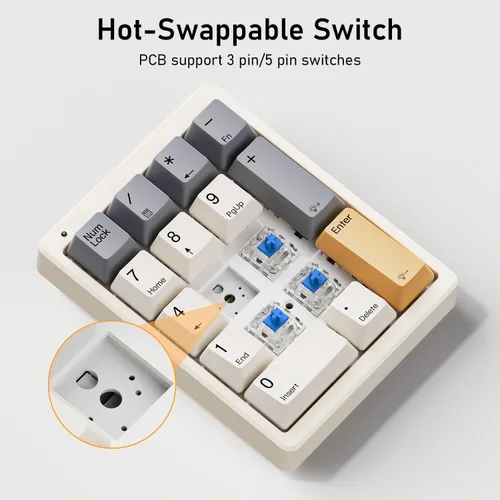 Vista 2 de Kisnt Teclado mecánico de números, Numpad intercambiable en caliente, con cable USB de 17 teclas, teclado numérico retroiluminado blanco con teclas